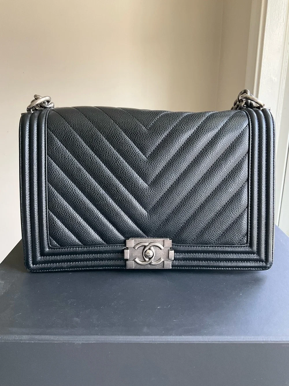 Chanel Black Caviar Chevron Large Boy Bag
